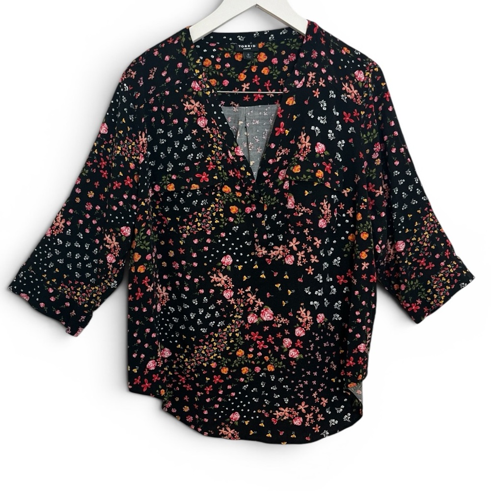 torrid Black Floral V-Neck Blouse with Pink & Orange Accents